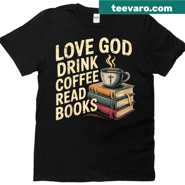Vintage Christian t-shirt with love, coffee, and book graphics