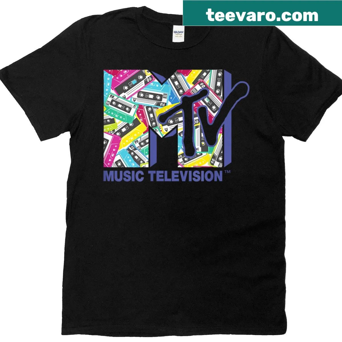 Retro MTV logo tee with 80s tape design. — on a men's t-shirt