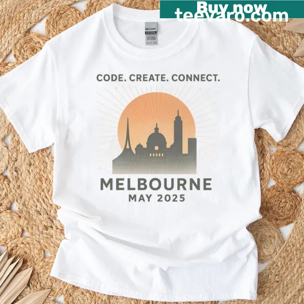 Illustrated Melbourne Hackathon 2025 T-shirt featuring tech-themed design