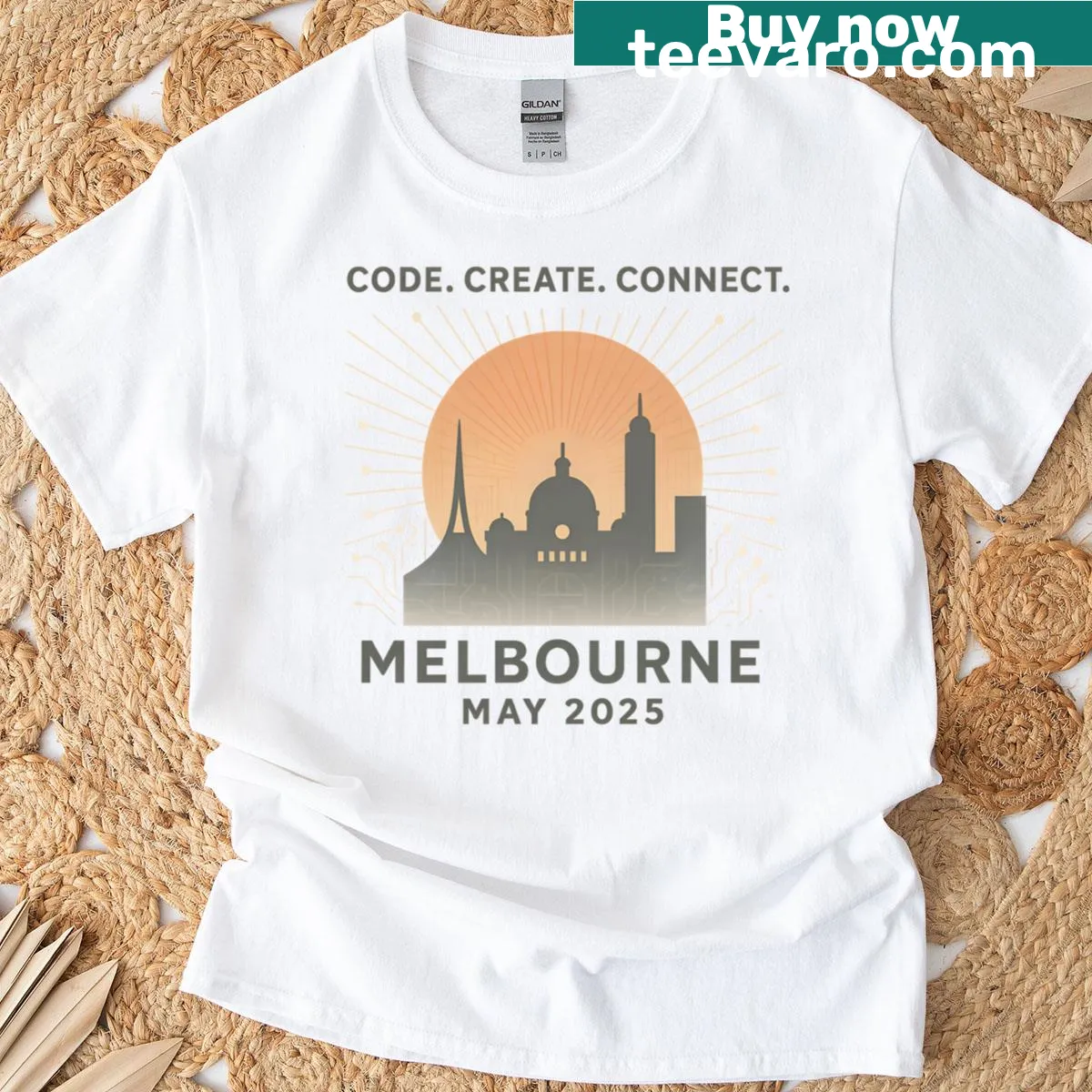 Illustrated Melbourne Hackathon 2025 T-shirt featuring tech-themed design — on a men's t-shirt