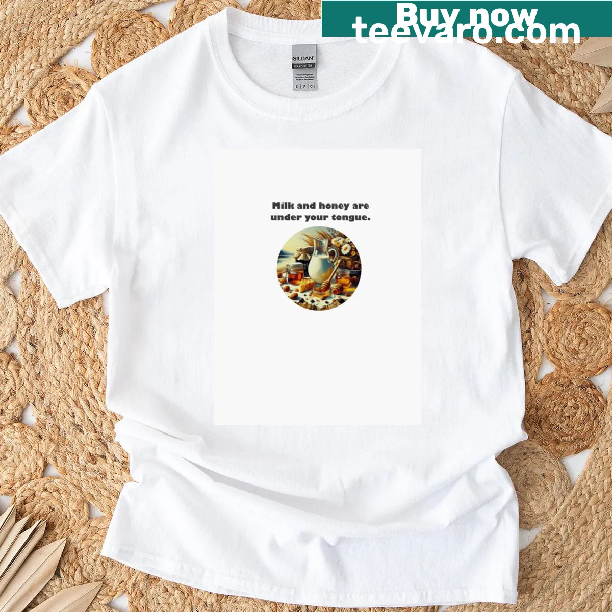 Wholesome typography t-shirt with the phrase about milk and honey — on a men's t-shirt