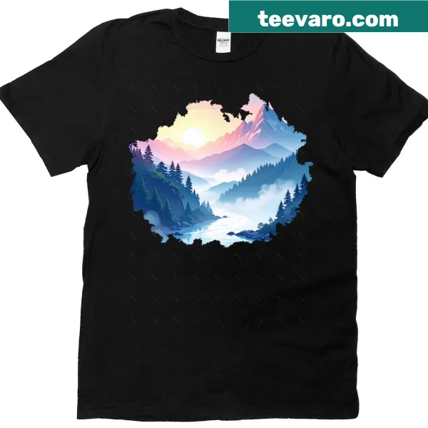 Oversized T-shirt with watercolor Misty Ridge landscape design