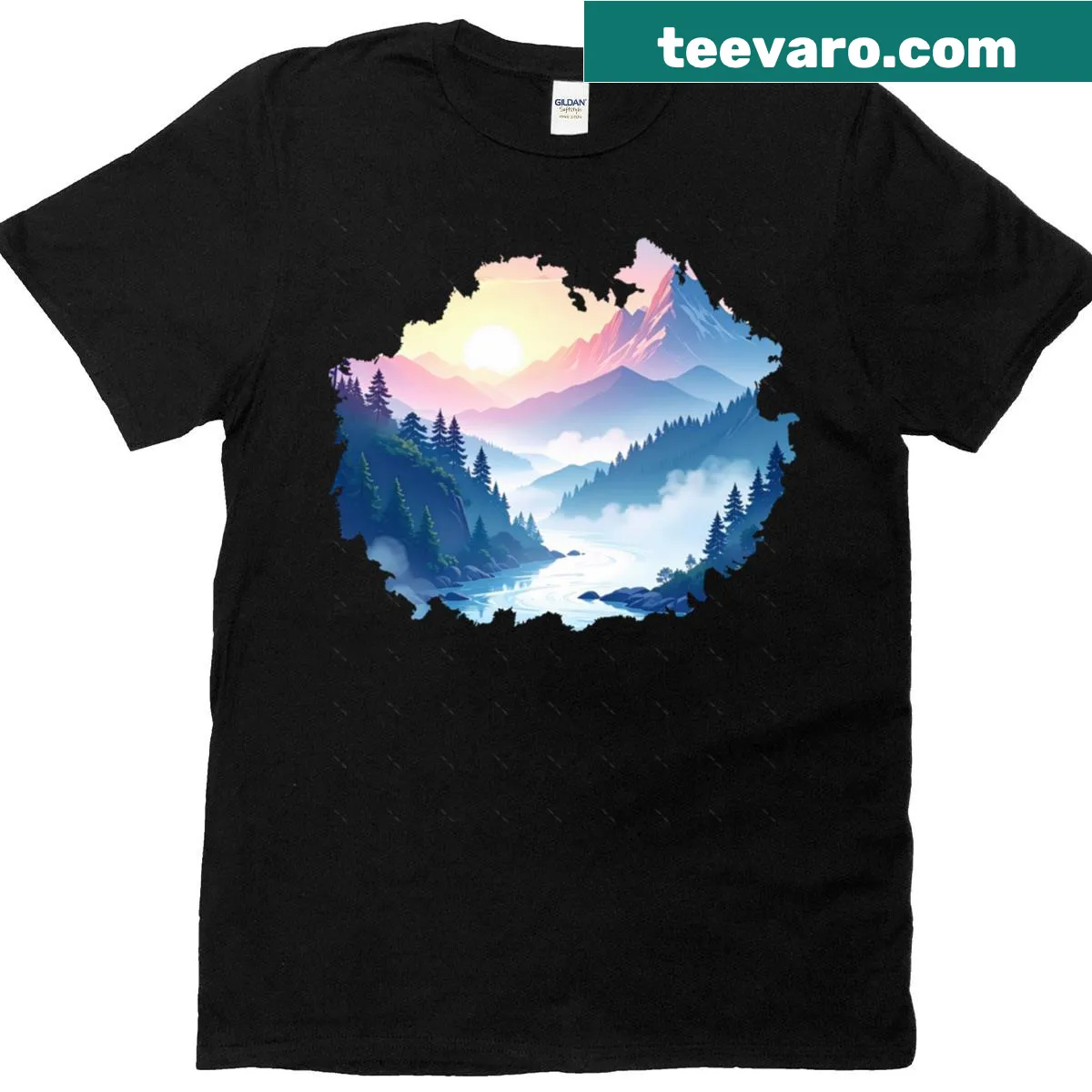 Oversized T-shirt with watercolor Misty Ridge landscape design — on a men's t-shirt