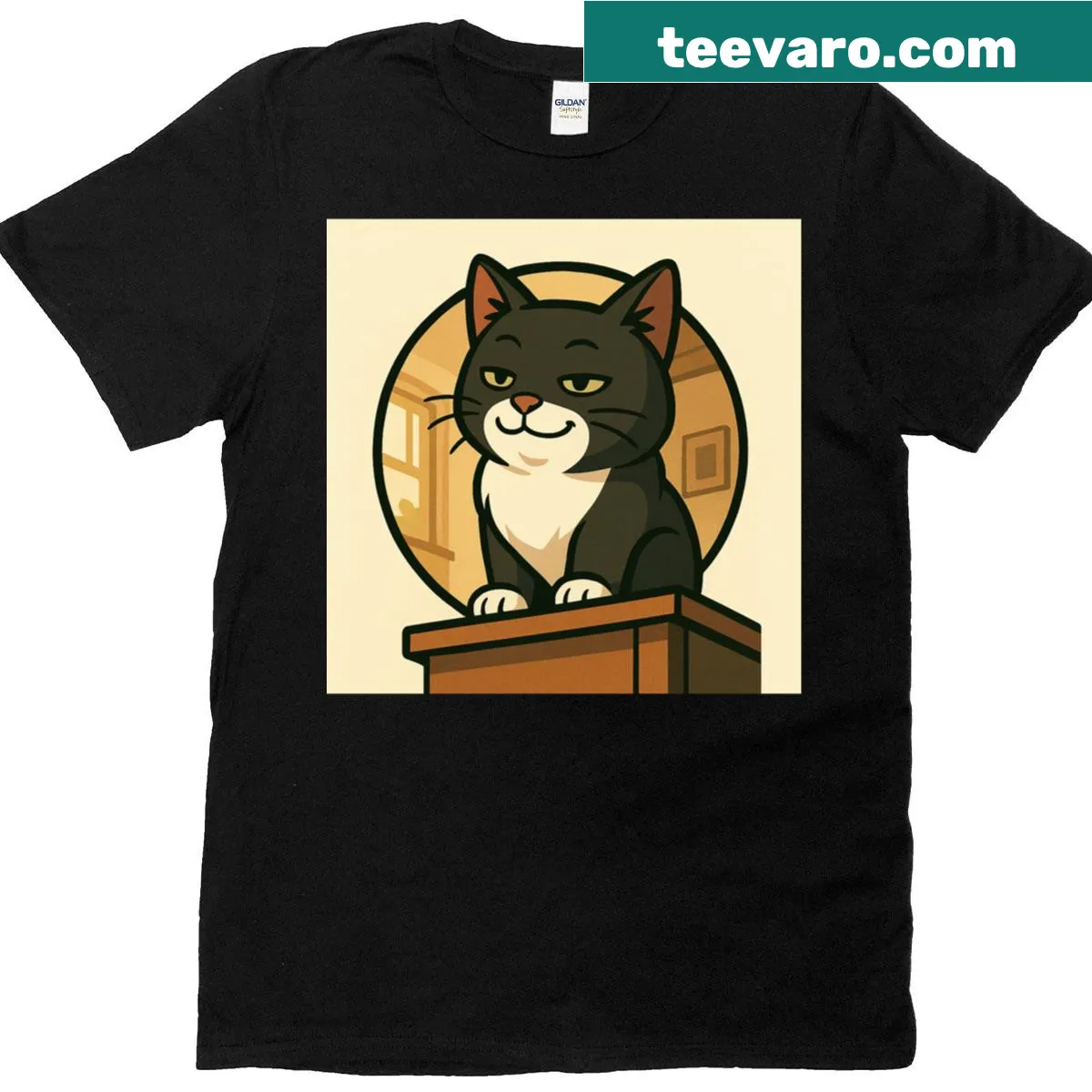 Oversized T-shirt with a confident cat icon design by Morgana Toshiki — on a men's t-shirt