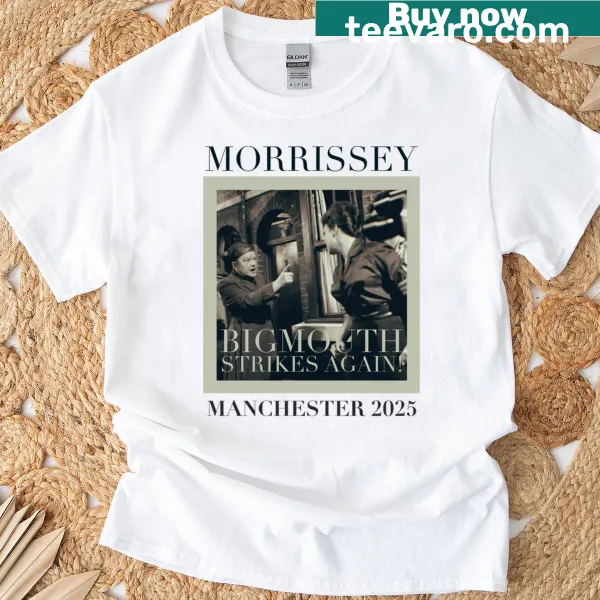 Morrissey Bigmouth Strikes Again t-shirt with musical graphics