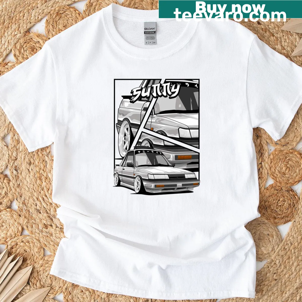 Cartoon Nissan Sunny B12 Coupe t-shirt with a static stance — on a men's t-shirt