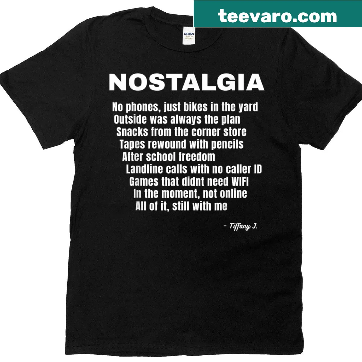 Nostalgia-themed t-shirt with playful acronym design — on a men's t-shirt