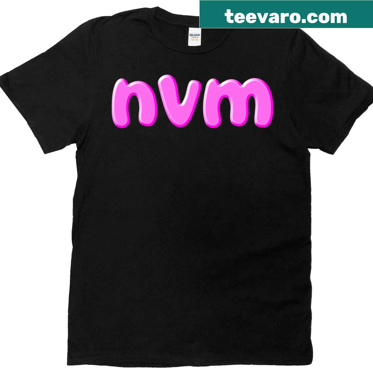 Minimalist Nvm Nevermind t-shirt in pink featuring clean typography — on a men's t-shirt
