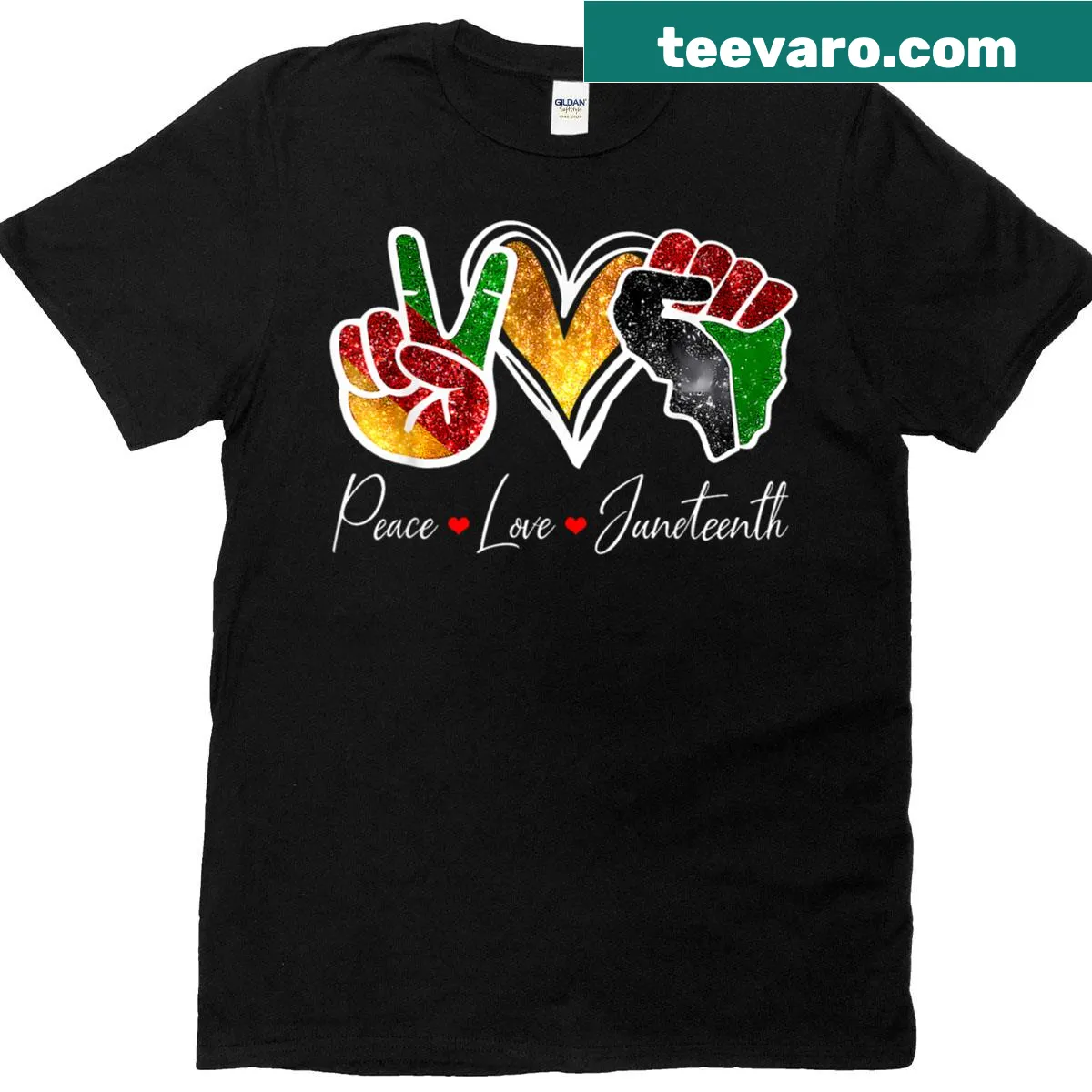 Typographic design with themes of peace, love, and freedom for Juneteenth — on a men's t-shirt