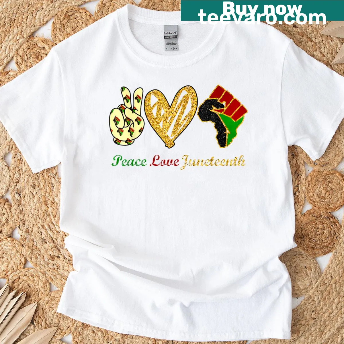 Patriotic T-shirt featuring Peace Love Juneteenth graphic — on a men's t-shirt