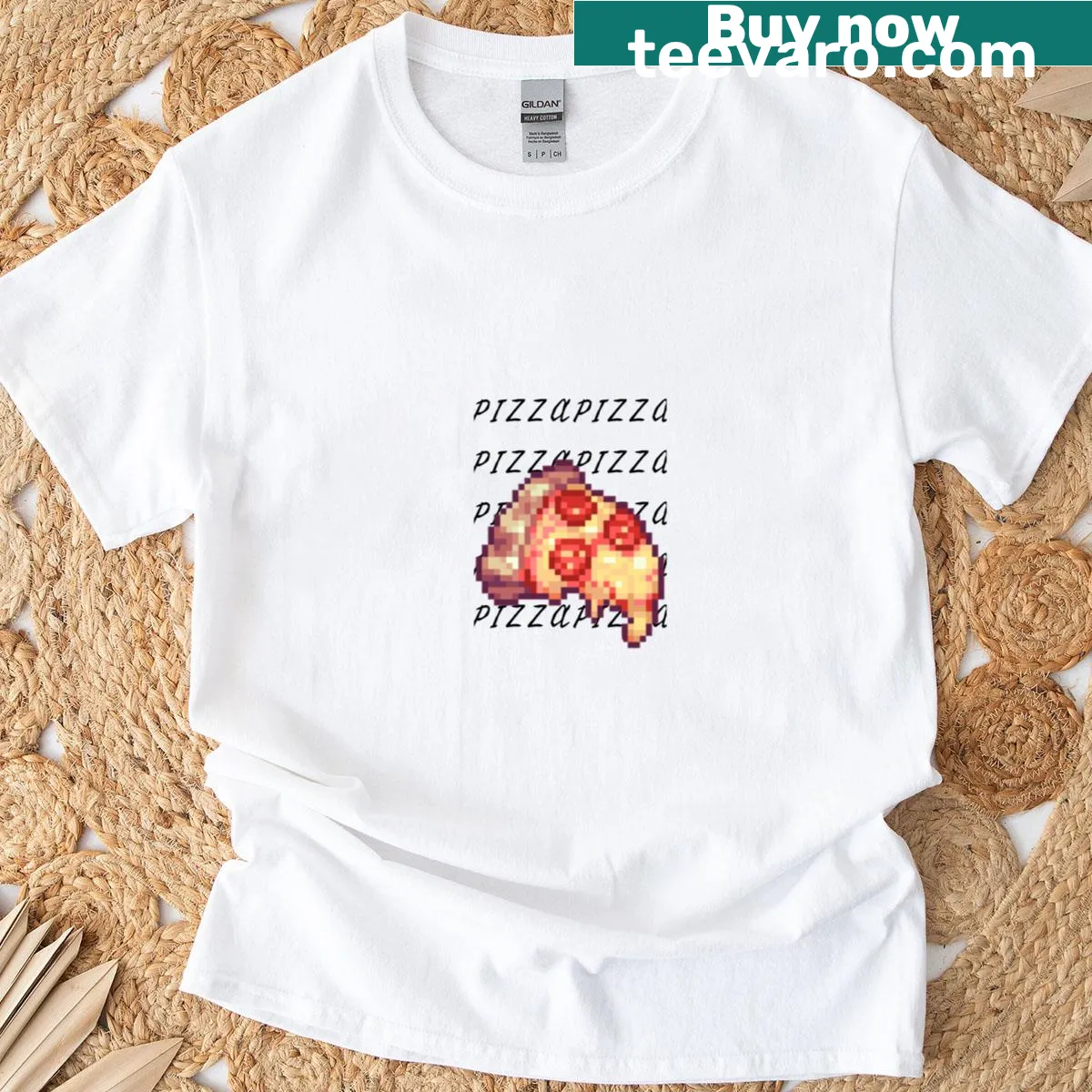 Whimsical pizza illustration on a t-shirt celebrating the dish — on a men's t-shirt