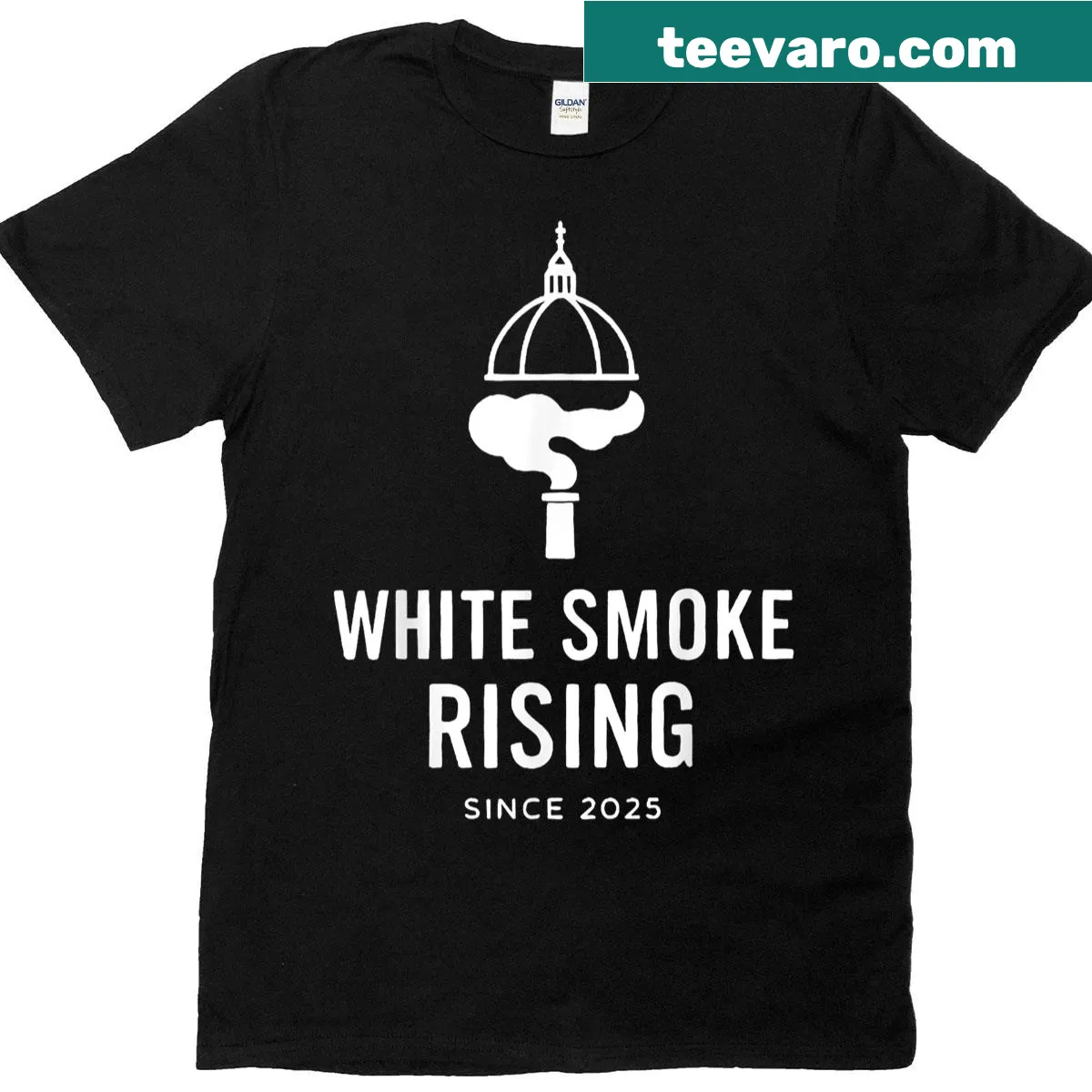 T-shirt featuring Pope Leo XIV with white smoke graphic — on a men's t-shirt