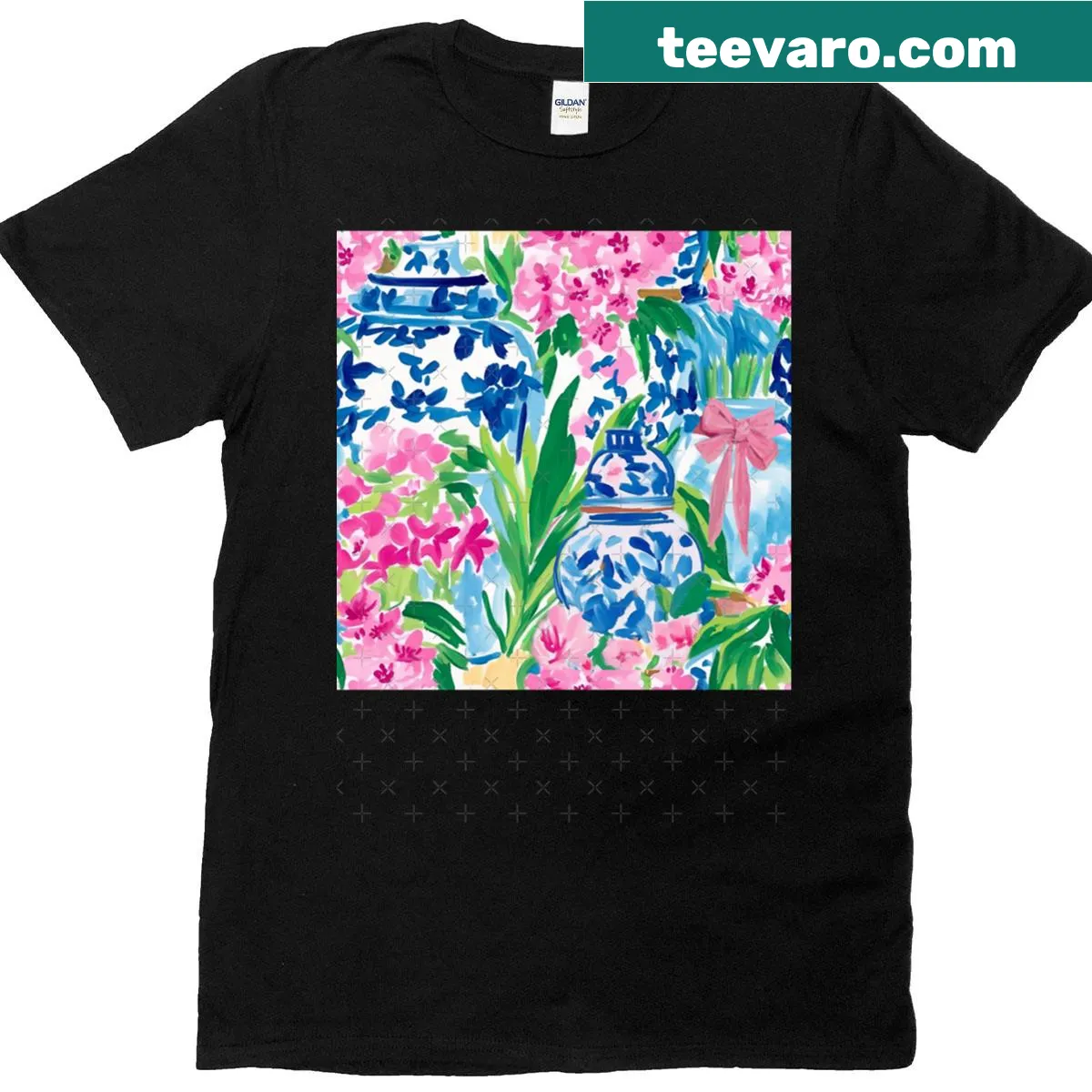 Oversized t-shirt with watercolor ginger jars and floral bow design — on a men's t-shirt