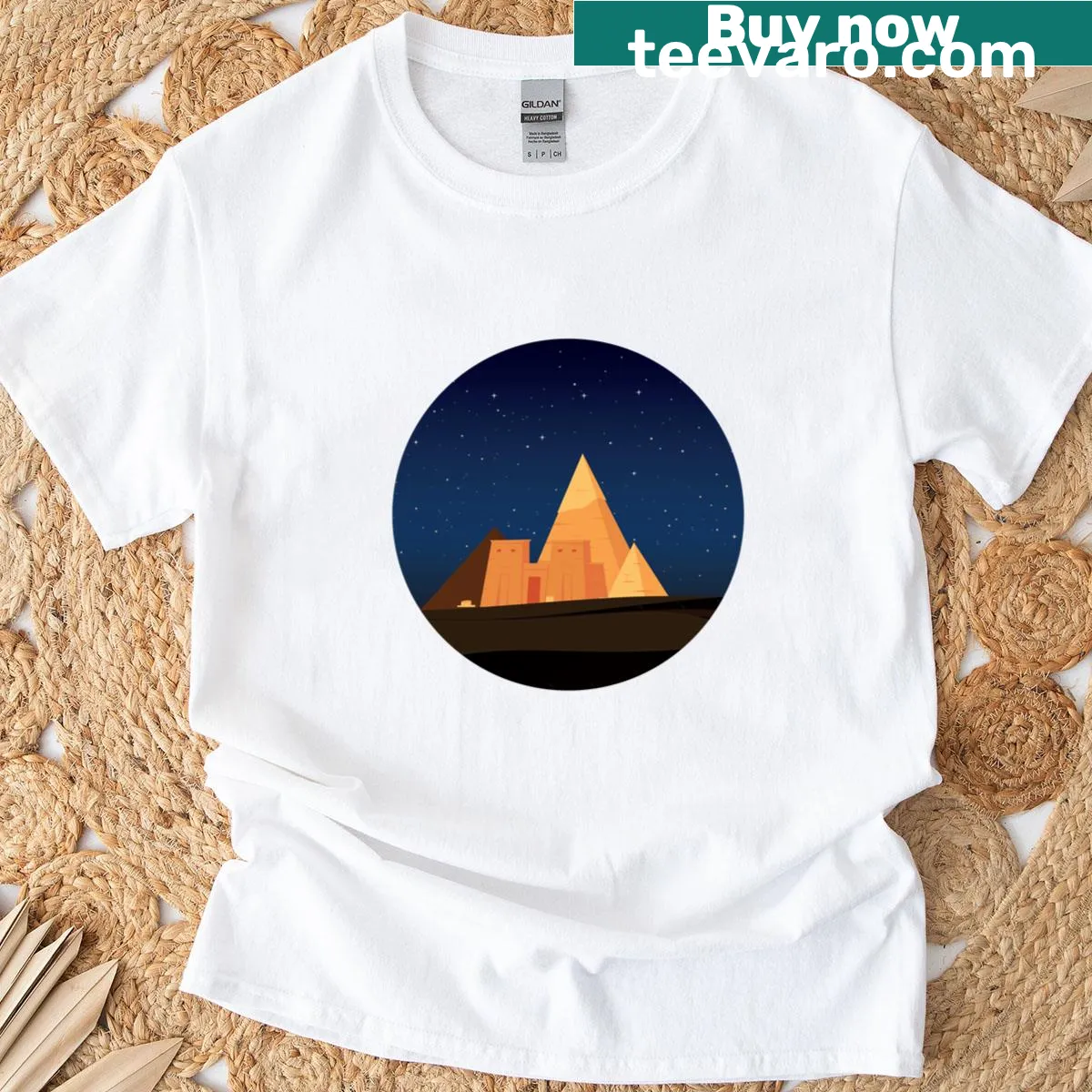 T-shirt depicting the Pyramids at night in Sudan — on a men's t-shirt