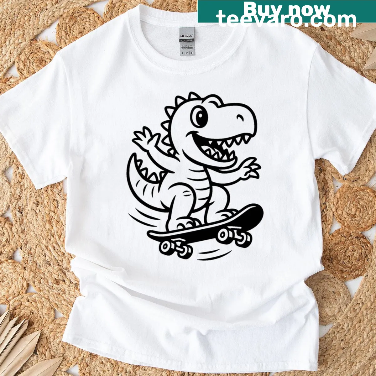 Monochrome dinosaur skateboarding t-shirt featuring a rad Rex design — on a men's t-shirt