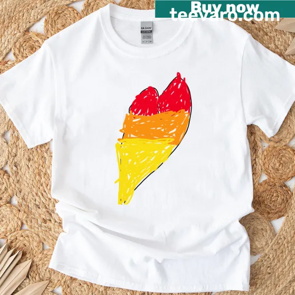 Colorful rainbow heart graphic on a casual t-shirt