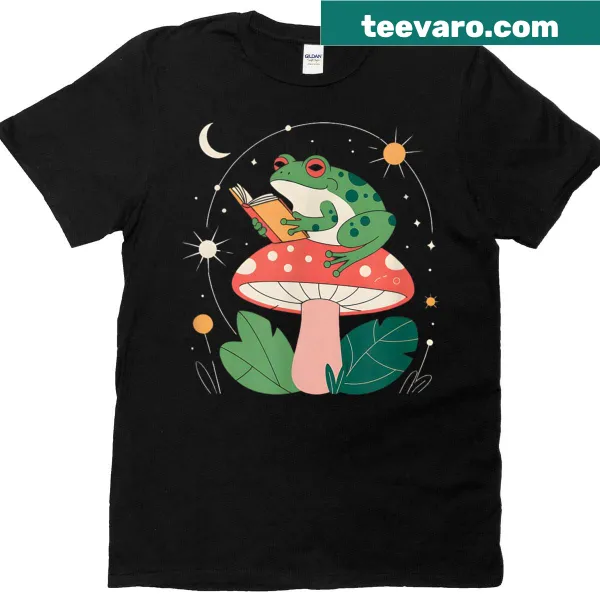 Whimsical t-shirt with a frog and mushrooms design