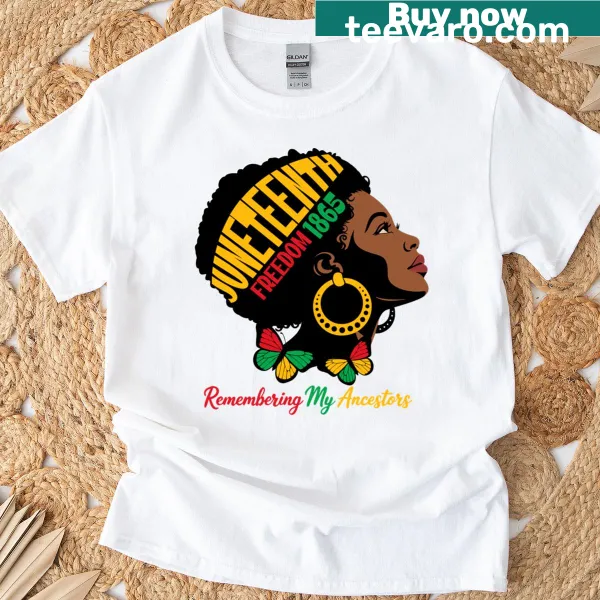 Juneteenth tribute t-shirt featuring natural hair design for Black women