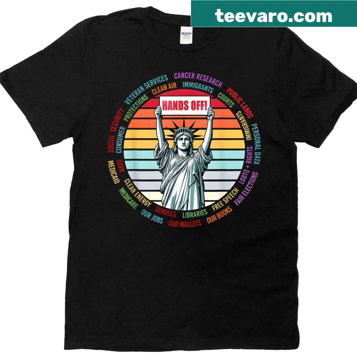 T-shirt featuring the Statue of Liberty and protest text — on a men's t-shirt