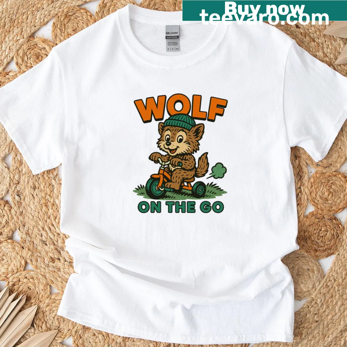 Illustration of a wolf riding a tricycle on a t-shirt — on a men's t-shirt