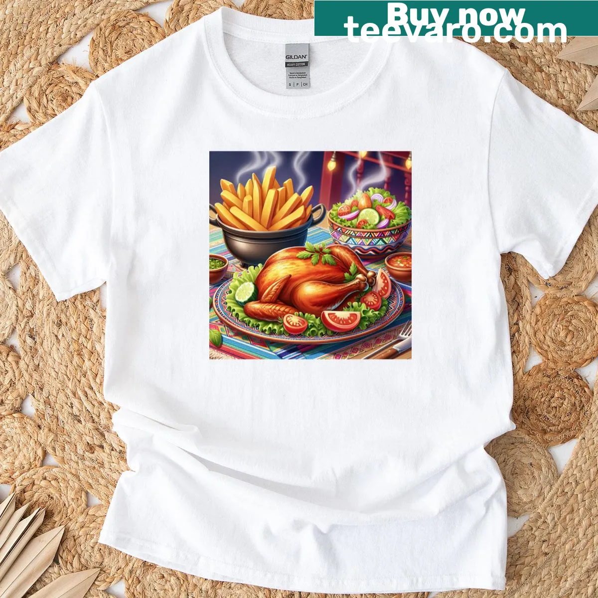 Illustration of roasted chicken on Gourmet Poultry T-shirt — on a men's t-shirt