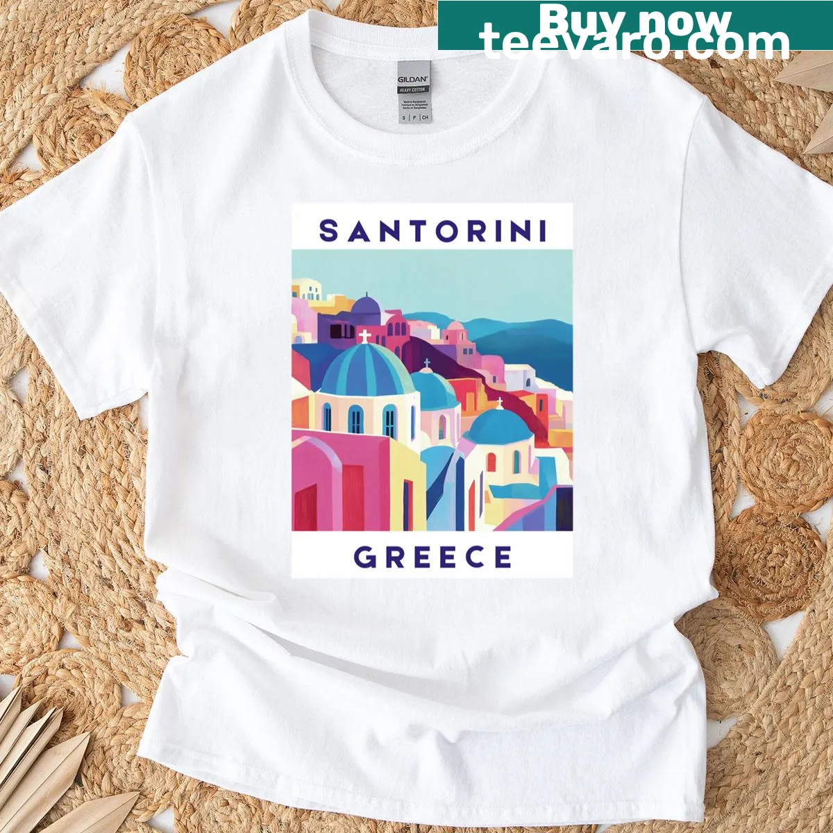 Illustration of Santorini on a travel-themed T-shirt. — on a men's t-shirt