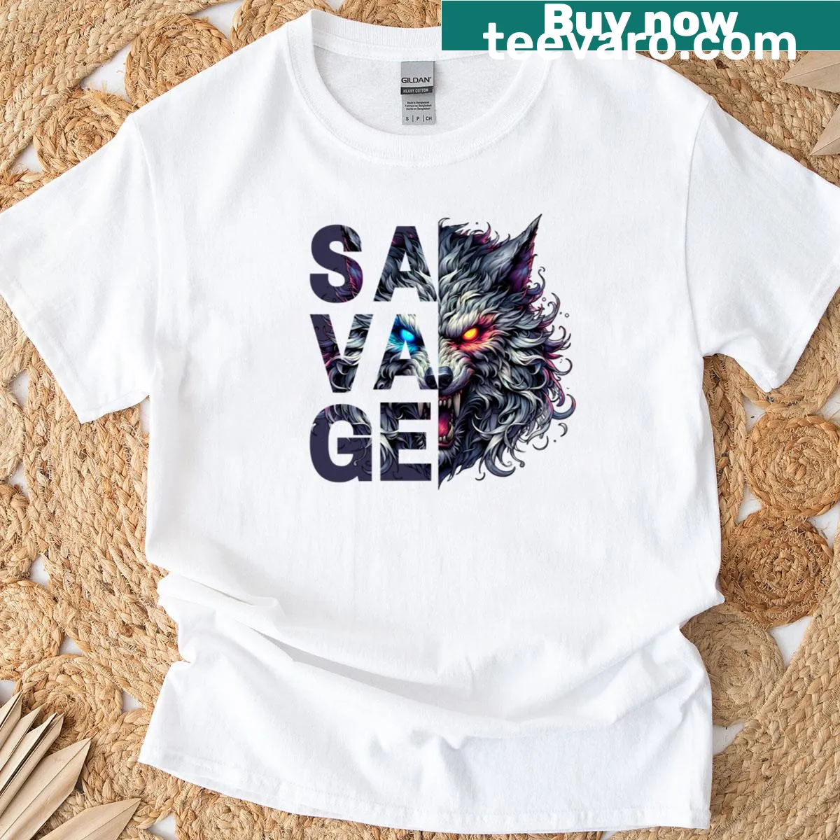Detailed illustration of a dual-eyed wolf on T-shirt — on a men's t-shirt