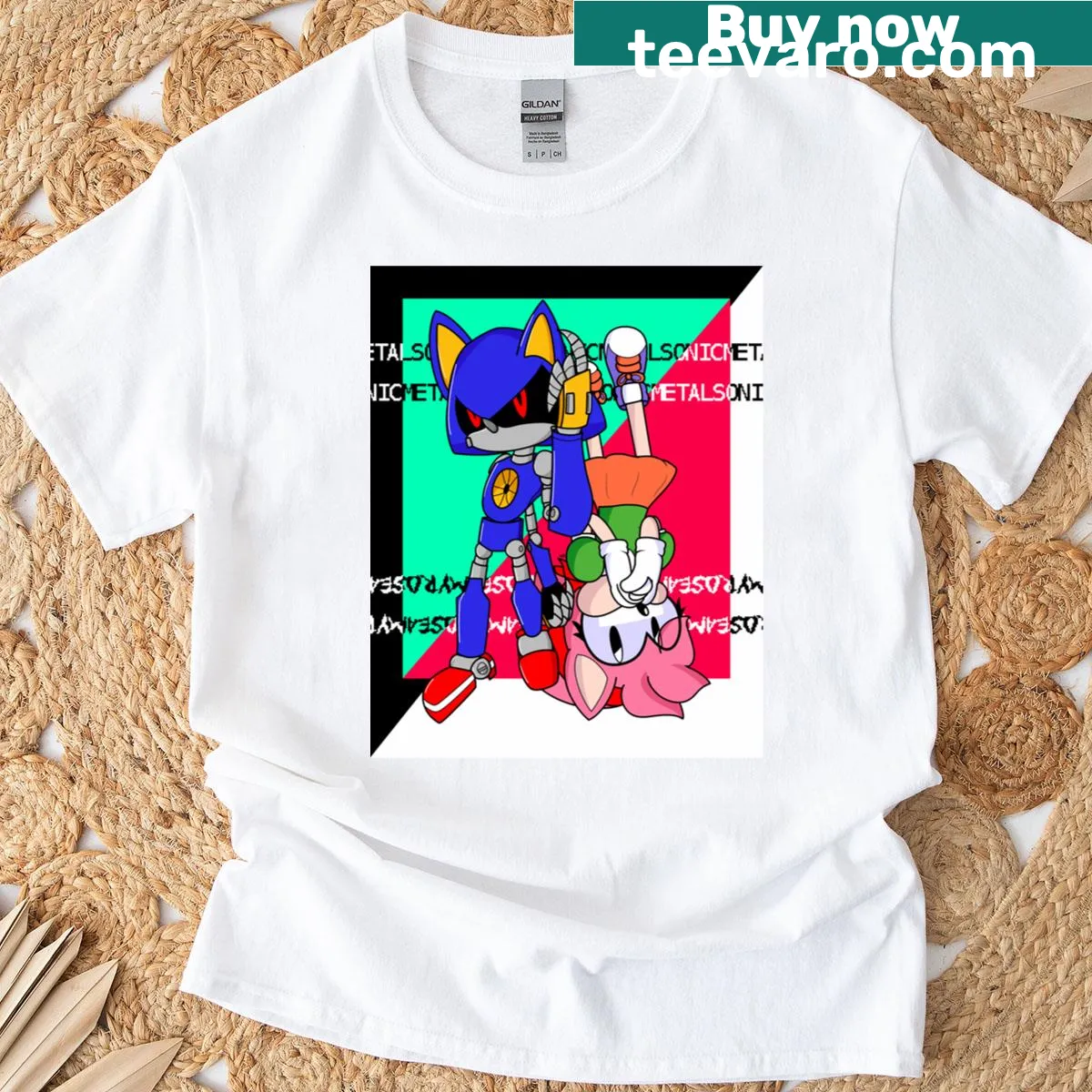 Sonic CD T-shirt with Metal Sonic and Amy Rose split design — on a men's t-shirt