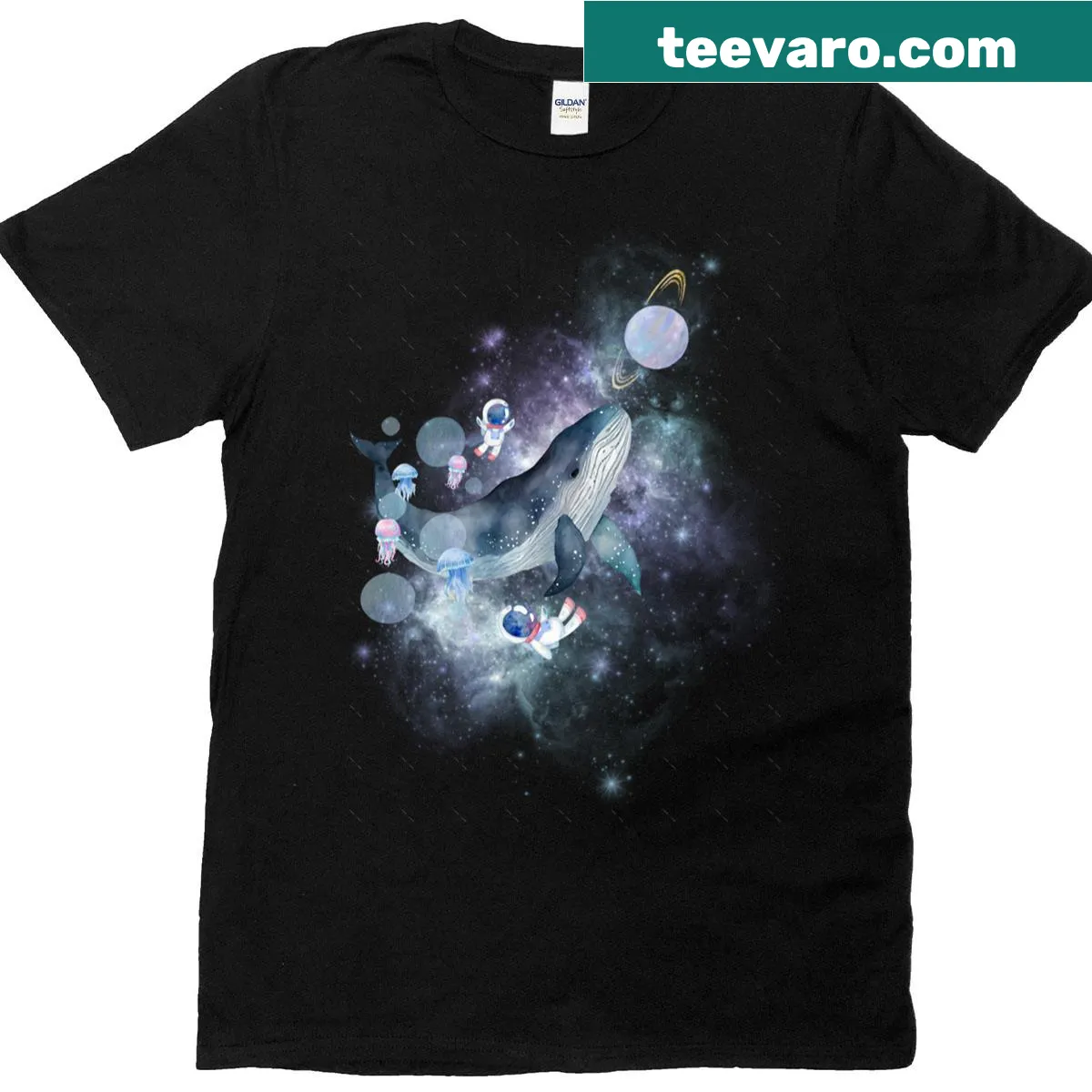 Illustration of a space whale and jellyfish astronaut in a cosmic scene — on a men's t-shirt