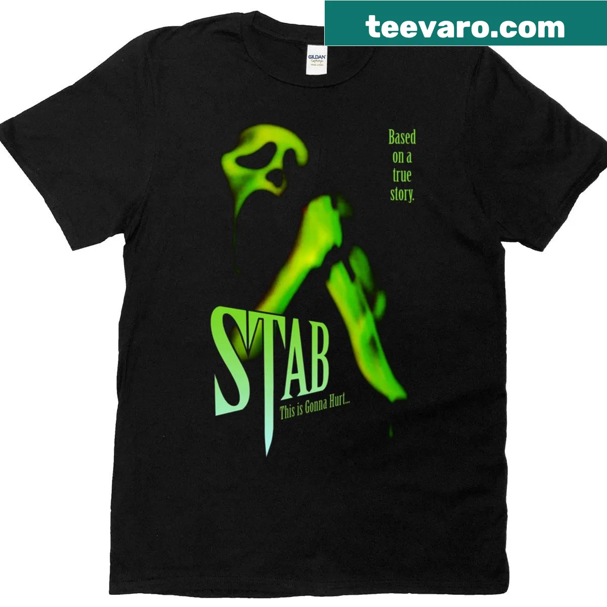 Graphic T-shirt inspired by the Scream movie featuring a knife — on a men's t-shirt