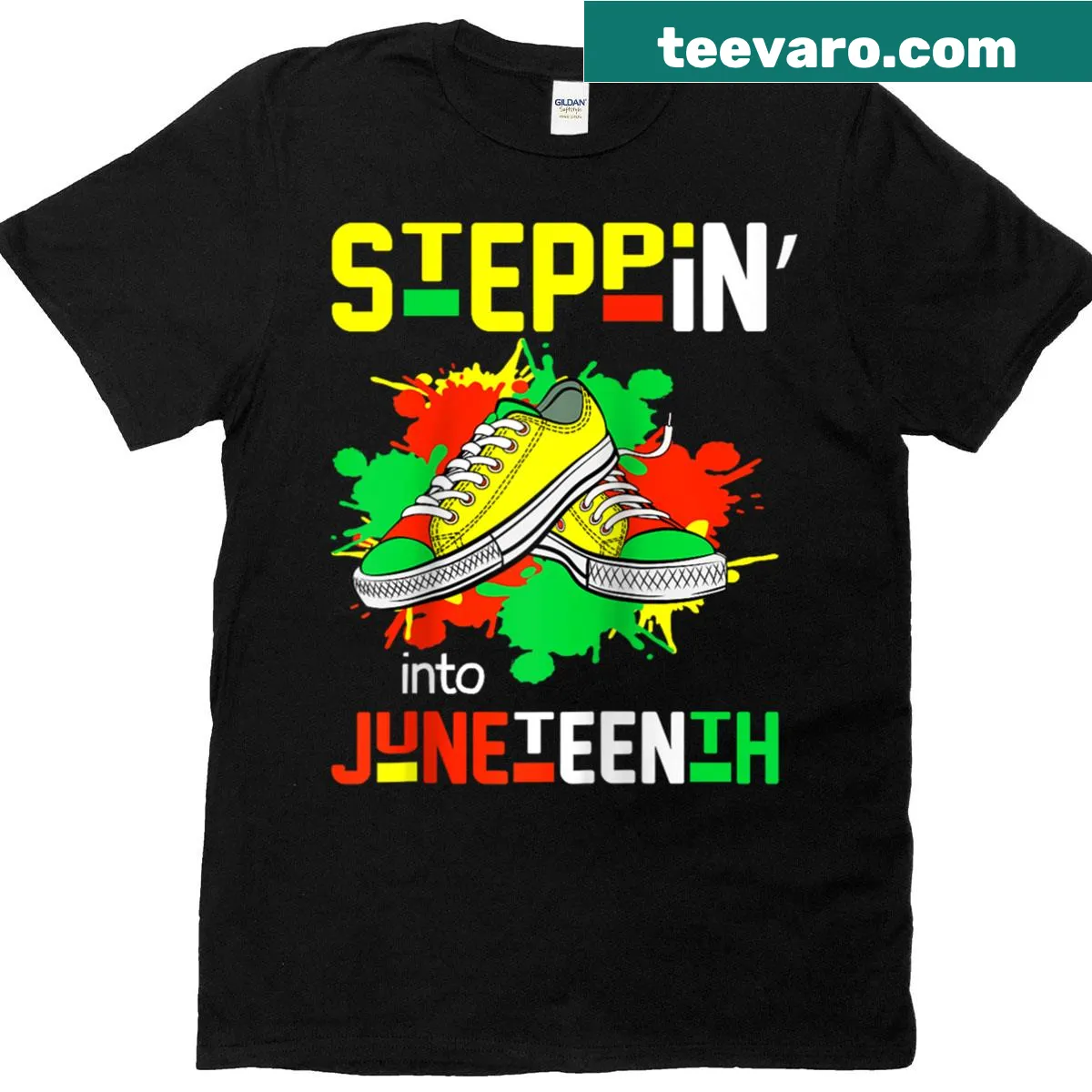 Illustration of Afro woman in sneakers celebrating Juneteenth on a t-shirt — on a men's t-shirt