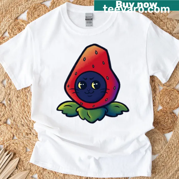 Text design 'Strawbellie' with strawberry graphics on a T-shirt.