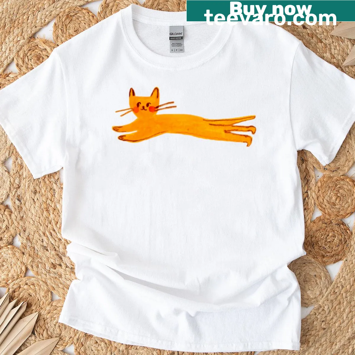 Illustration of a stretchy orange cat lounging in the sun on a T-shirt. — on a men's t-shirt