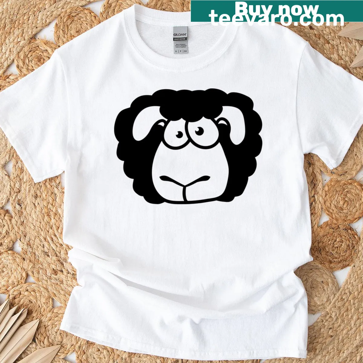 Cartoon sheep face T-shirt with an anxious and surprised expression — on a men's t-shirt