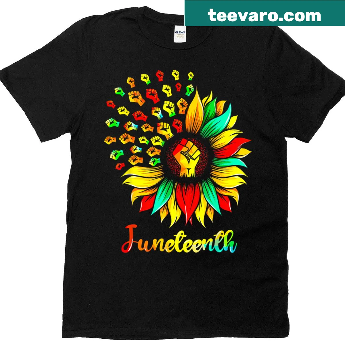 Meaningful T-shirt featuring sunflower and raised fist graphic. — on a men's t-shirt