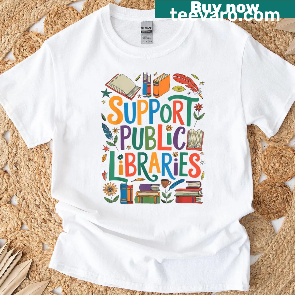 Support Public Libraries text graphic on a T-shirt — on a men's t-shirt