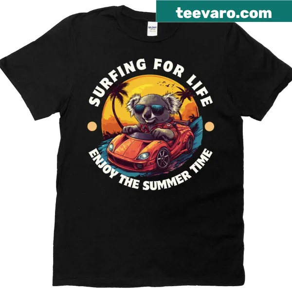 Illustration of a koala surfing on a wave in a summer-themed T-shirt