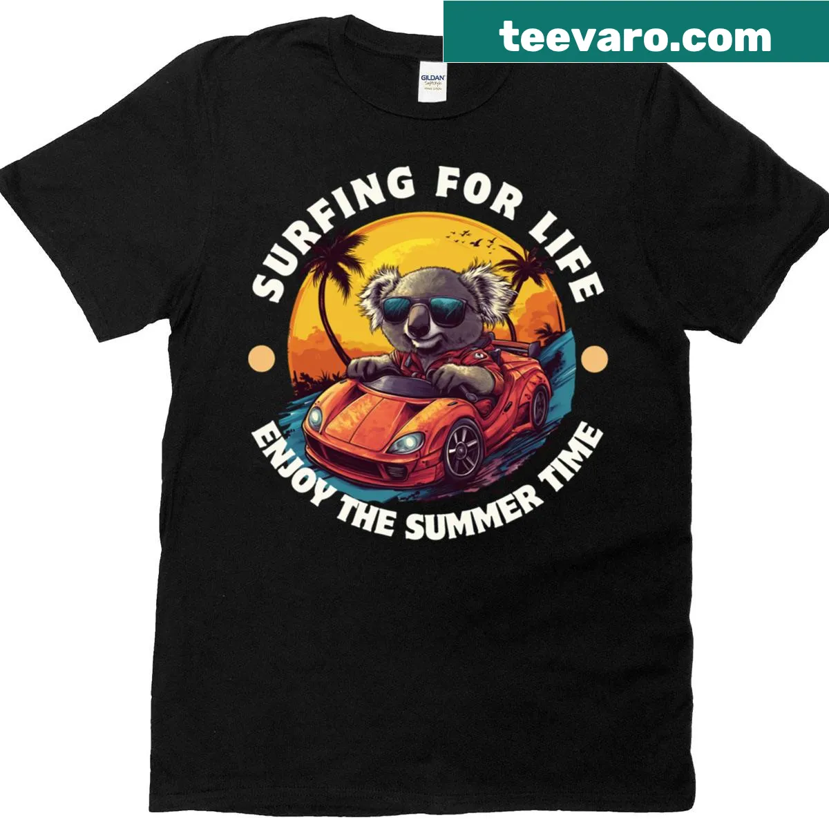 Illustration of a koala surfing on a wave in a summer-themed T-shirt — on a men's t-shirt