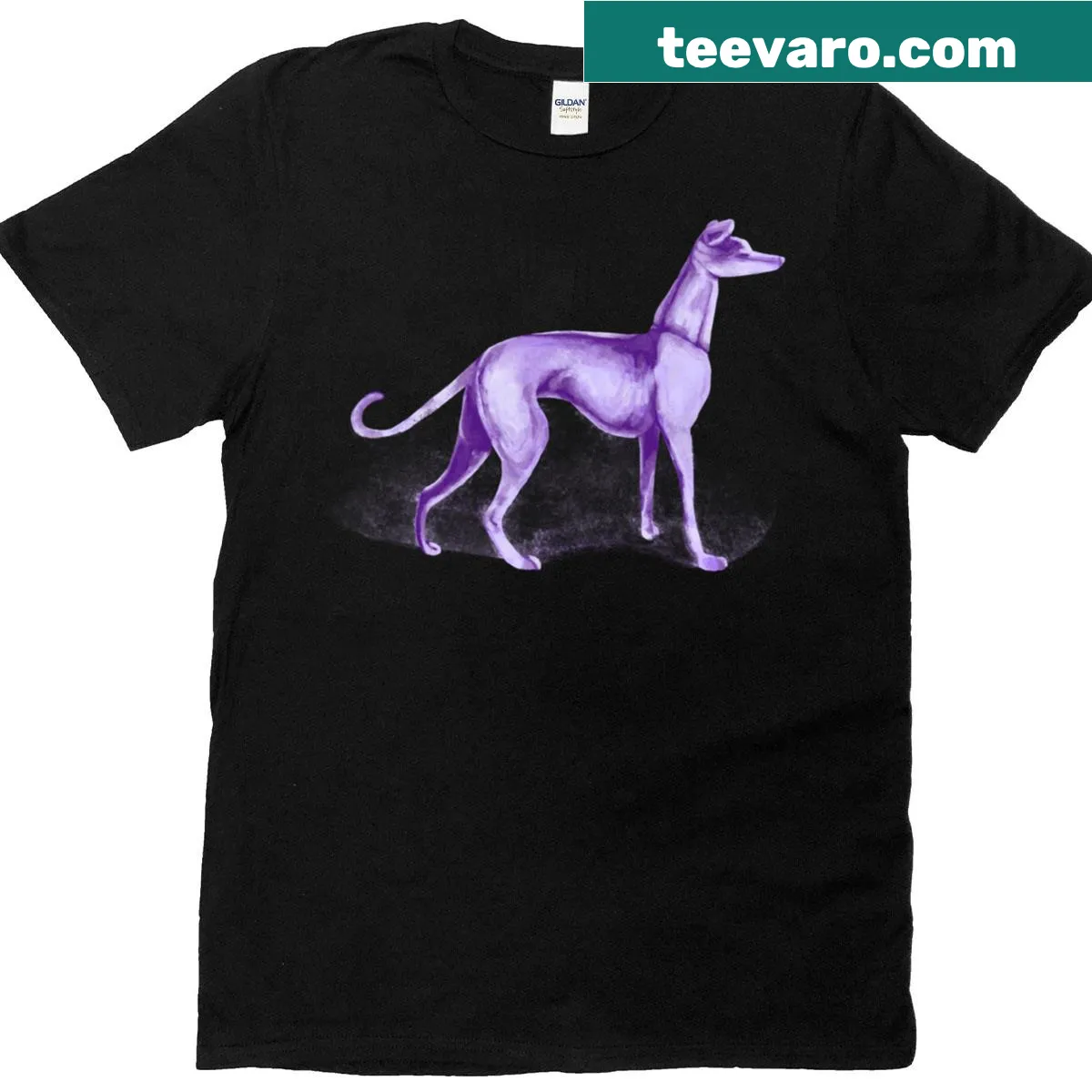Wordless humorous design featuring a purple dog on a t-shirt — on a men's t-shirt
