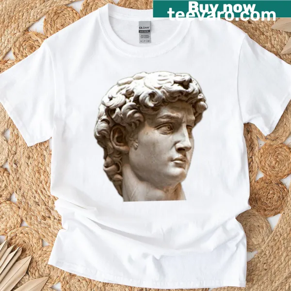 Realistic graphic of Michelangelo's David head on a t-shirt
