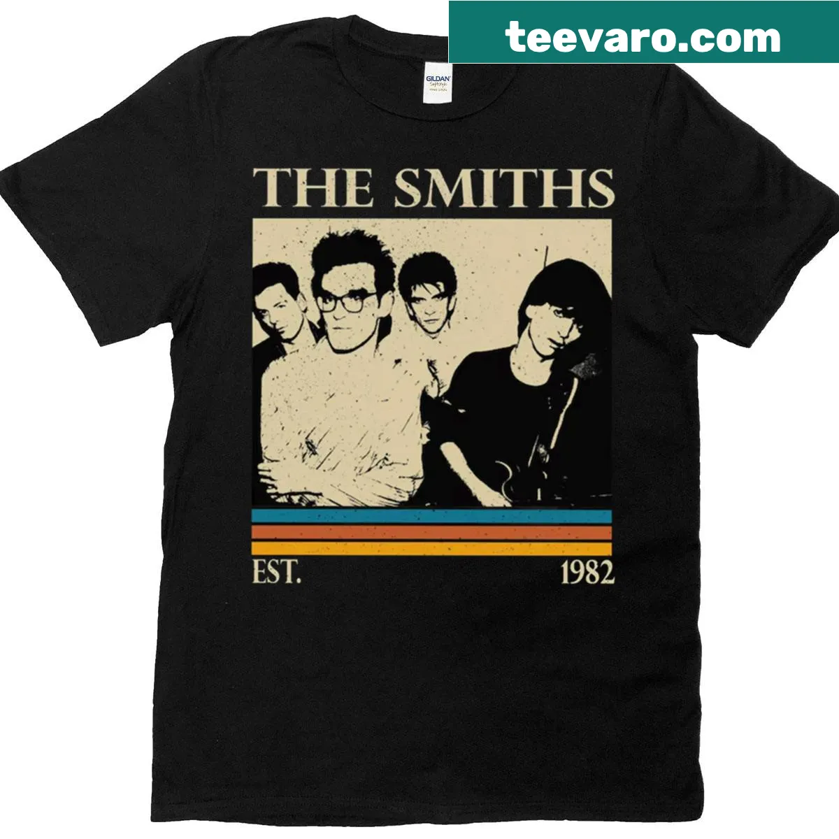 Retro T-shirt featuring a classic photo of The Smiths band — on a men's t-shirt
