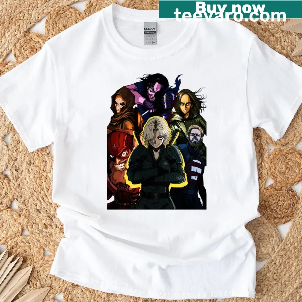 Hero-themed illustration on T-shirt featuring thunderbolt graphics.