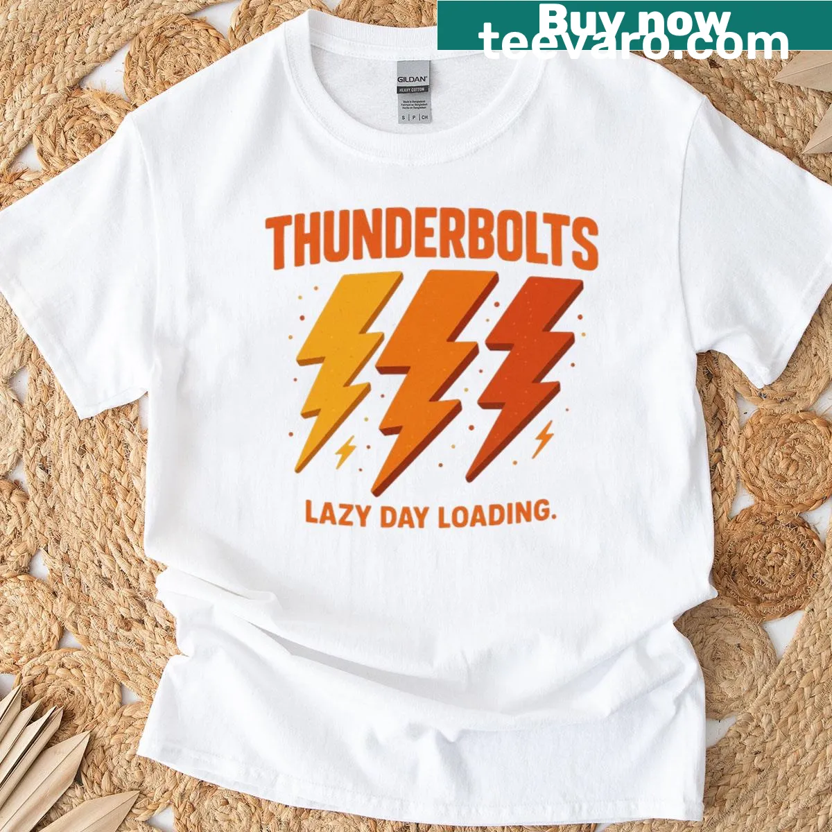 Retro lightning bolt t-shirt with lazy day loading graphic — on a men's t-shirt