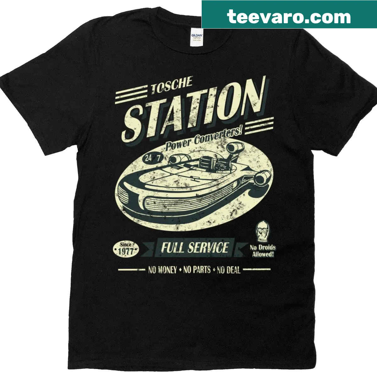 T-shirt featuring the phrase 'Tosche Station' in a nostalgic typography design — on a men's t-shirt