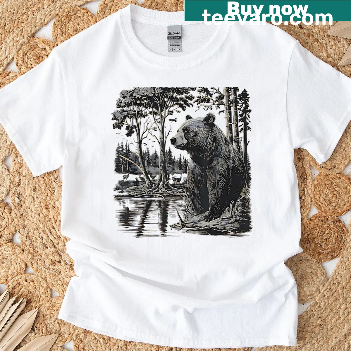 Realistic nature t-shirt with bear and trees graphic — on a men's t-shirt