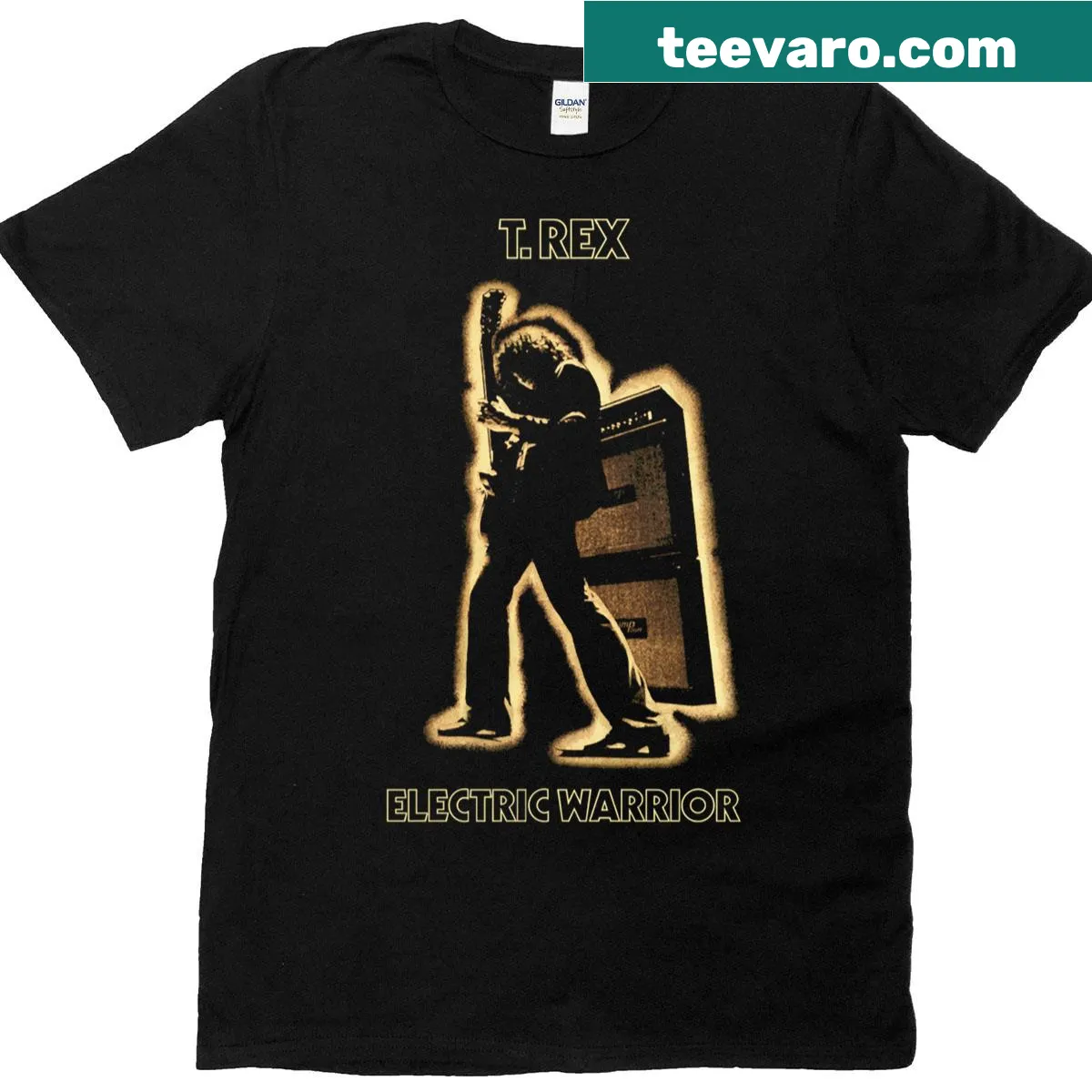 Dramatic T-Rex warrior graphic T-shirt — on a men's t-shirt