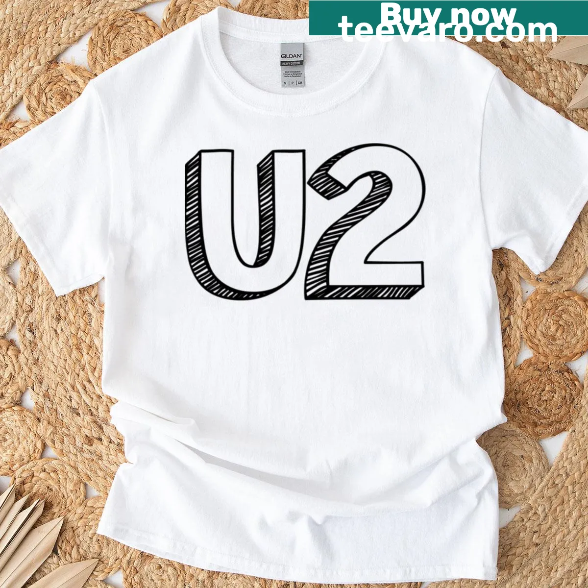 Minimalist U2 band typography T-shirt — on a men's t-shirt
