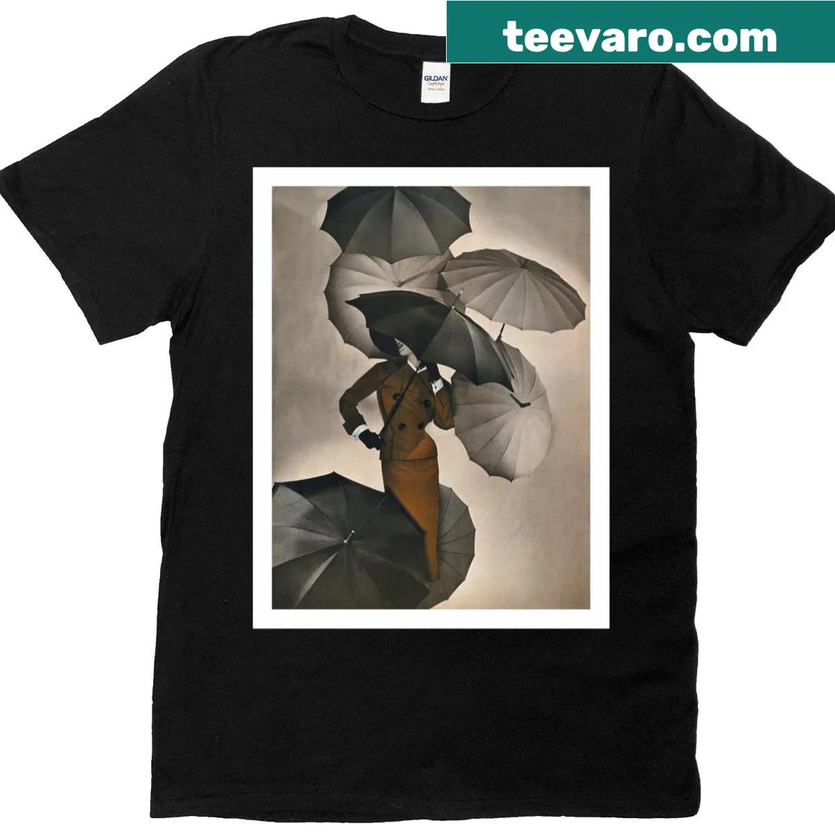 Chic T-shirt with 'Umbrellas & Elegance' typography — on a men's t-shirt