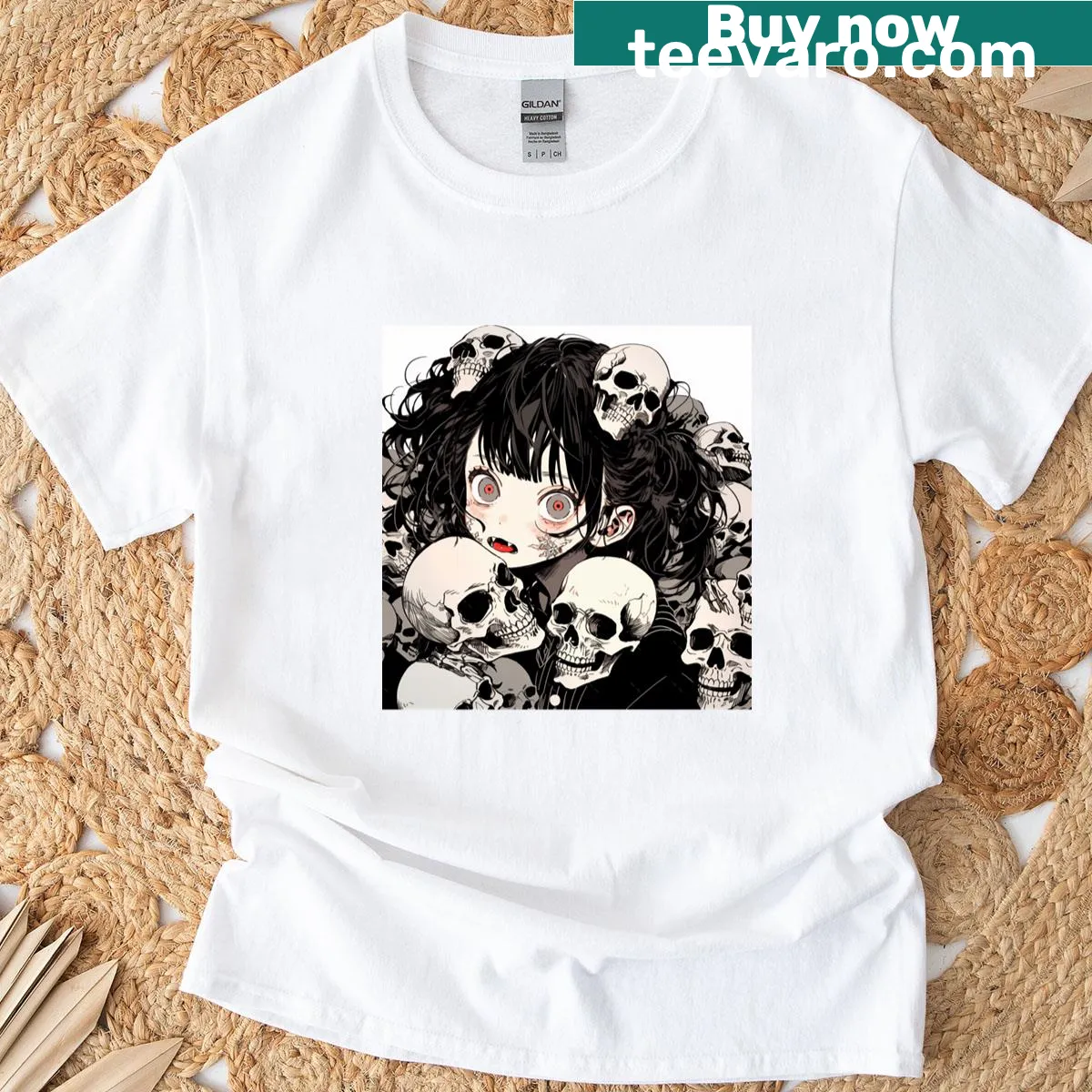 Gothic horror anime girl T-shirt with undead character design — on a men's t-shirt