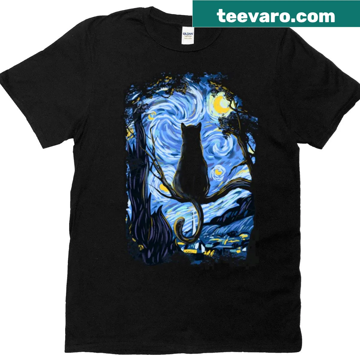 Cat-themed Starry Night t-shirt with whimsical artwork — on a men's t-shirt